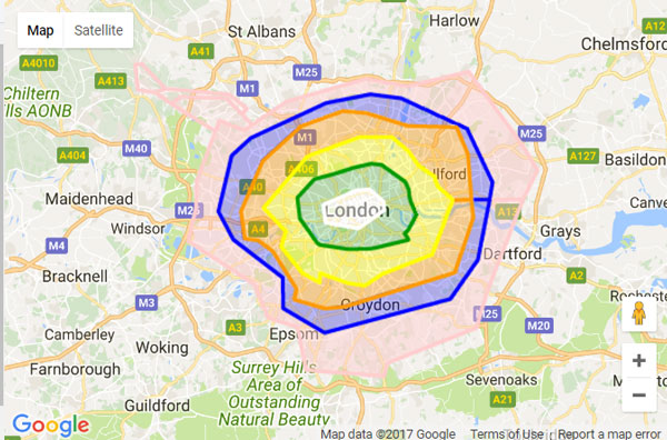 Bảng đồ mô phỏng phân chia các Zone tại London