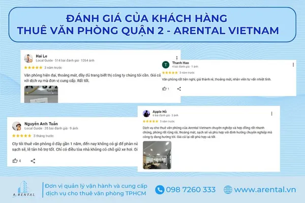Đánh giá khách hàng thuê văn phòng Quận 2 của Arental Vietnam