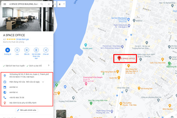Tòa nhà A Space Office được định vị và hiển thị chính xác vị trí trên Google Map khi tìm kiếm