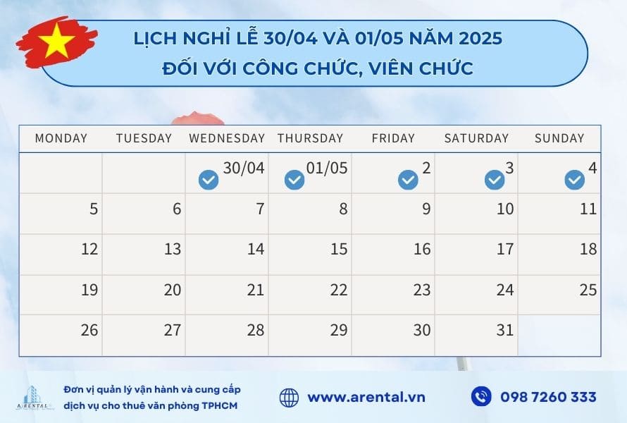 Lịch nghỉ lễ 30/04 và 01/05 năm 2025 đối với công chức, viên chức.