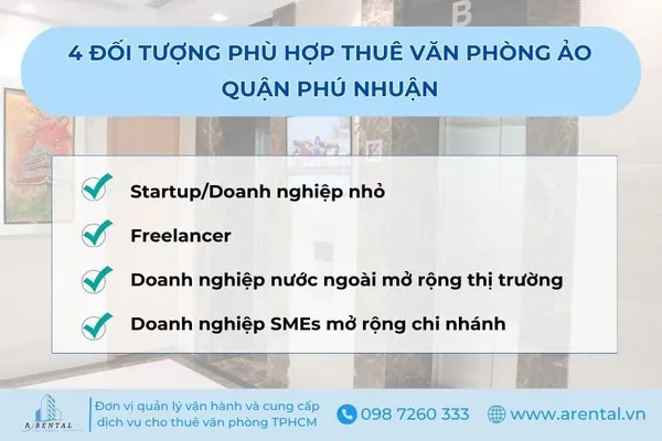 Nhóm khách hàng phù hợp với dịch vụ cho thuê văn phòng ảo quận Phú Nhuận. 4 đối tượng chính phù hợp thuê văn phòng ảo quận Phú Nhuận.