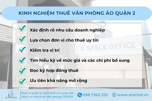 Gợi ý top 6 kinh nghiệm lựa chọn thuê văn phòng ảo Quận 2 uy tín. Kinh nghiệm chọn dịch vụ cho thuê văn phòng ảo quận 2 hữu ích.