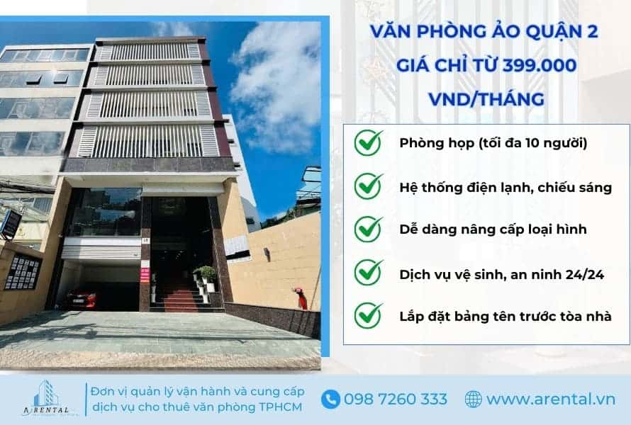 Bảng giá dịch vụ cho thuê văn phòng ảo Quận 2, TPHCM Dịch vụ cho thuê văn phòng quận 2 giá chỉ từ 399.000 VND/tháng.