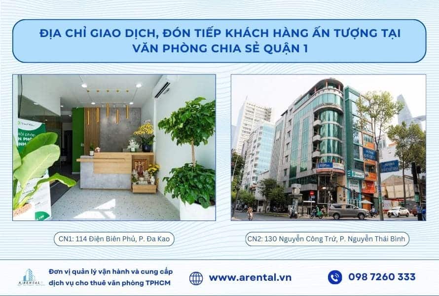 Dịch vụ cho thuê văn phòng chia sẻ Quận 1 của Arental Vietnam được cung cấp tại 2 chi nhánh tại Điện Biên Phủ và Nguyễn Công Trứ. Văn phòng chia sẻ Quận 1 cung cấp địa chỉ đón tiếp khách hàng uy tín.