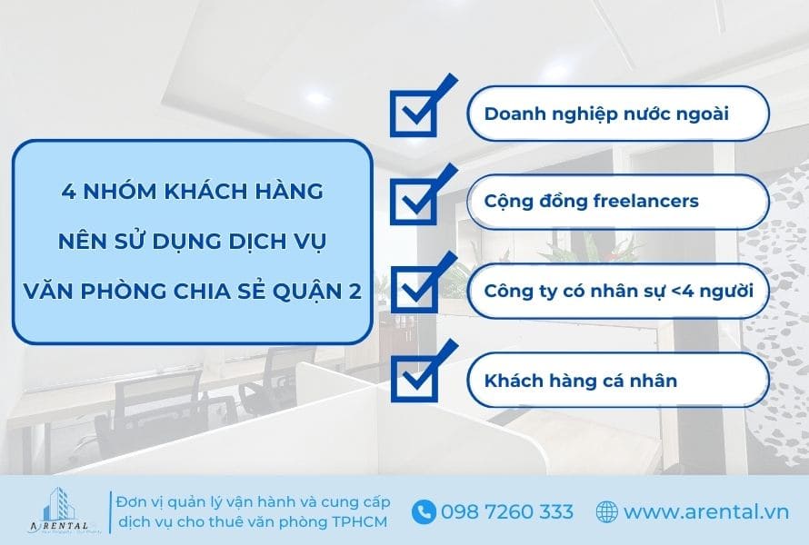 4 tệp khách hàng chủ đạo thuê văn phòng chia sẻ Quận 2 của Arental Vietnam. 4 nhóm khách hàng chính của văn phòng chia sẻ Quận 2.