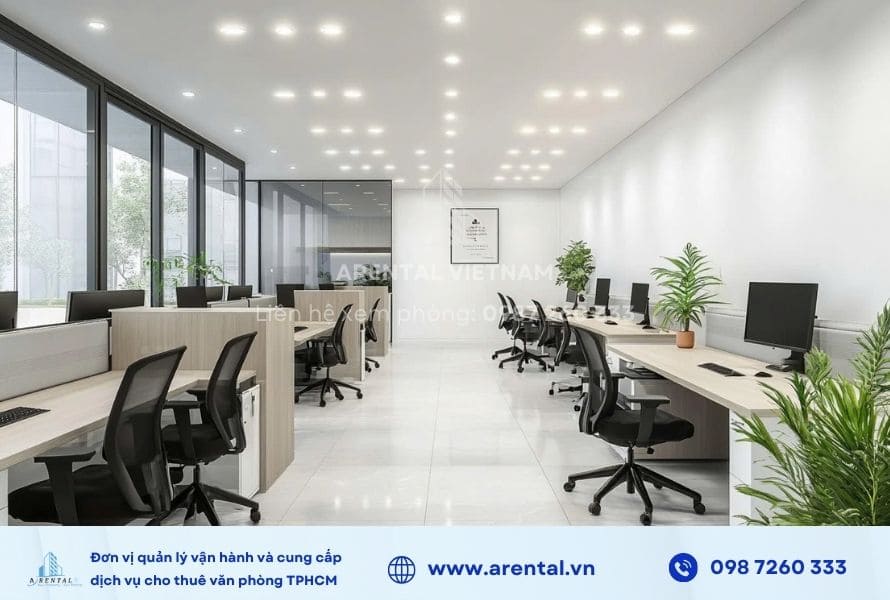 Văn phòng cho thuê full nội thất Tân Bình 100m2 được bố trí thêm cây xanh cho không gian thêm tươi mát.