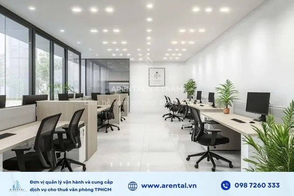 Văn phòng cho thuê full nội thất Tân Bình 100m2 được bố trí thêm cây xanh cho không gian thêm tươi mát.